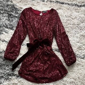 Sparkling Burgundy Sequin Long Sleeve Dress with Velvet Tie medium